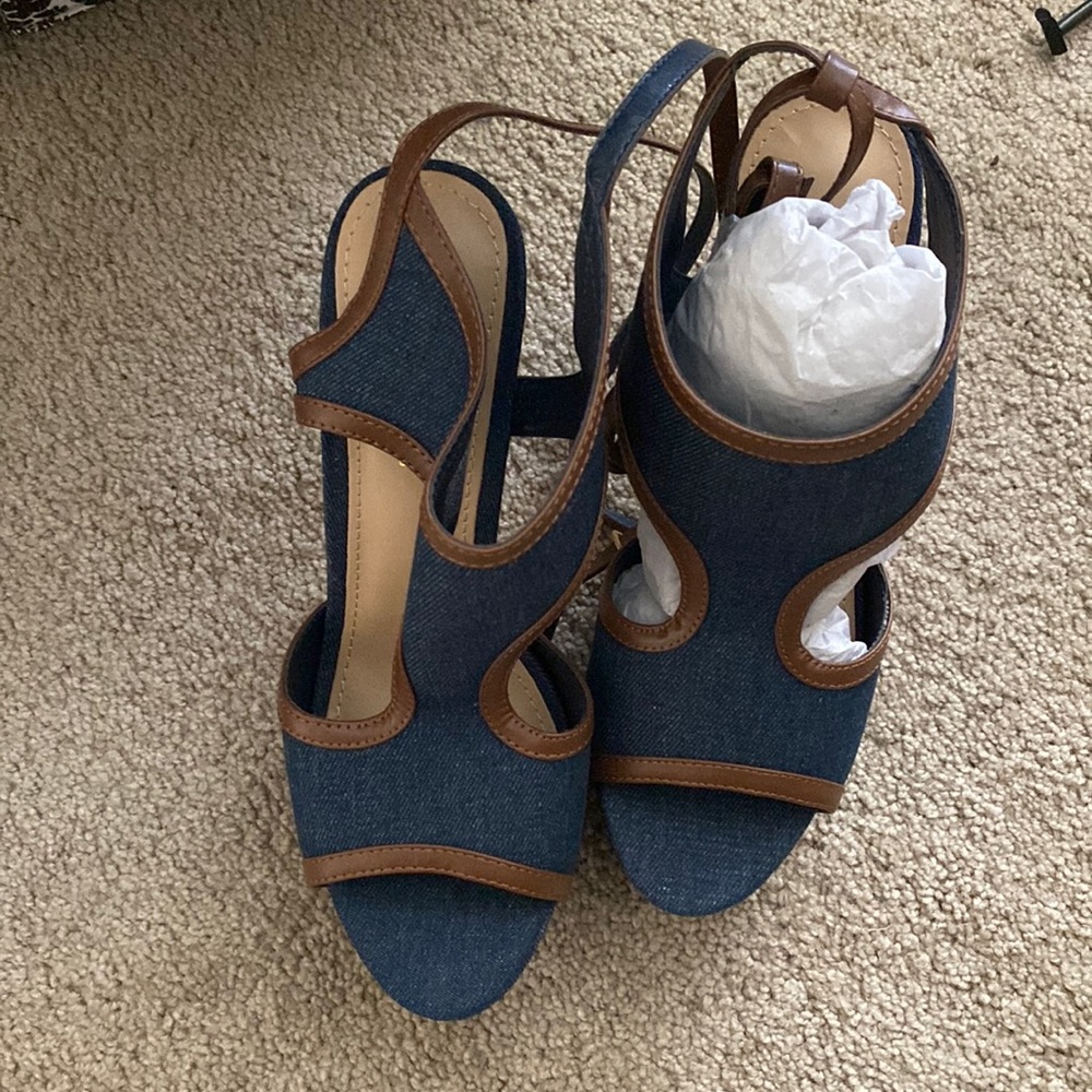 Denim and leather ankle strap heels